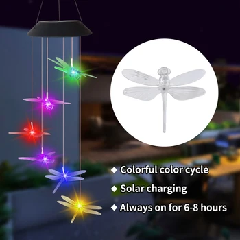 Солнечный ветряной колокольчик, меняющий цвет, стрекоза, ветряной колокольчик, солнечный садовый балкон, мобильный наружный декоративный светильник
