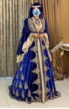 Марокканские вечерние платья-Кафтаны с длинным расклешенным рукавом Королевского синего цвета и кристаллами Шампанского, расшитые бисером, Арабские Дубайские вечерние платья Абайя