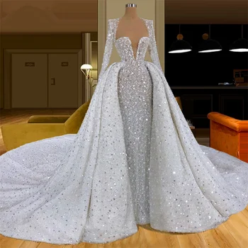 Искрящиеся прозрачные свадебные платья Русалки С блестками и V образным вырезом Свадебные платья на заказ Дубай Съемный шлейф Vestido de novia