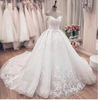 Великолепное кружевное бальное платье, Свадебные платья принцессы с открытыми плечами, на шнуровке сзади, Свадебные платья мусульманской невесты, vestido de noiva