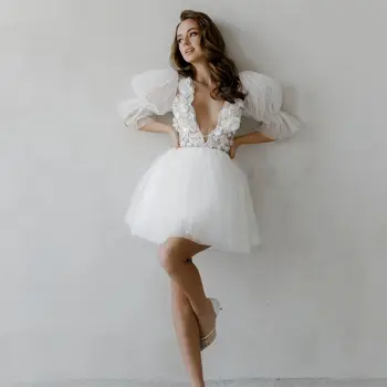 Мини-свадебные платья в горошек для фотосессии с пышными рукавами Robe De Mariee с 3D цветочными аппликациями Vestido De Novia