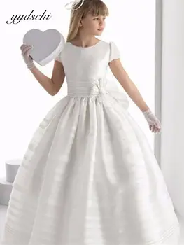 2022 Белые тюлевые платья с цветочным узором для девочек, свадебное платье с бисером для девочек, простые вечерние платья Принцессы с короткими рукавами для Первого причастия