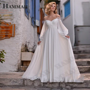 Свадебные платья из шифона ХАММА для женщин 2022, Аппликации для Невесты, О-образный вырез, Длинный рукав-фонарь, простые пуговицы, Шлейф Трапециевидной формы