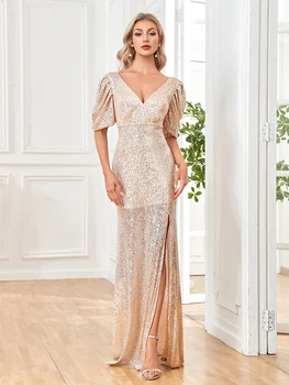 XUIBOL Элегантное вечернее платье с коротким рукавом и пайетками, 2023, Женское коктейльное платье с разрезом, V-образный вырез, Свадебная вечеринка Maxi vestidos