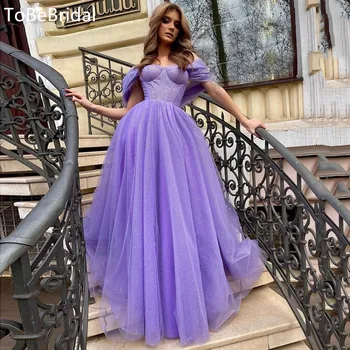 Женское Элегантное Фиолетовое вечернее платье 2023, Блестящее тюлевое платье Трапециевидной формы с высокой талией и открытыми плечами, Вечернее платье для торжественных мероприятий, Vestidos De Noche
