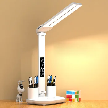 USB Светодиодная настольная лампа с двумя сенсорными головками, Складная Настольная лампа С Календарем, Часы, Ночник, Детская комната, Лампа для чтения книг, Спальня