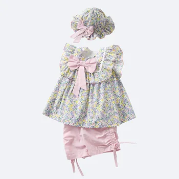 Летний комплект для маленьких девочек от 0 до 2 лет с цветочным рисунком и шляпой, милые комплекты одежды