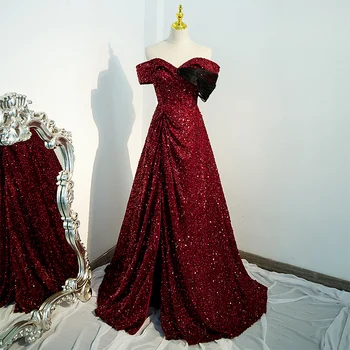 Вечернее платье Бордового цвета, Элегантное Простое, Длина до пола, вырез лодочкой, Короткие рукава, Трапециевидная шнуровка, Большие размеры, женские вечерние платья B2436