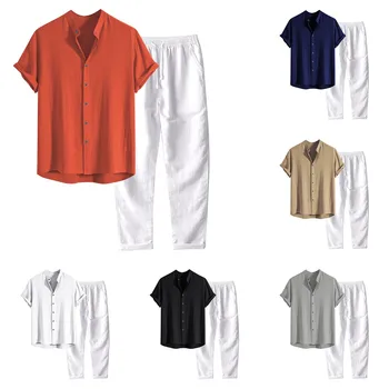 Мужские комплекты рубашек и брюк в стиле Харадзюку, летние повседневные футболки, однотонная уличная одежда с коротким рукавом и воротником-стойкой, Топы и брюки