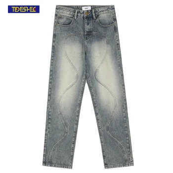 Дизайнерские рваные джинсовые брюки TIDESHEC Harajuku в стиле ретро с надписями для мужчин и женщин, повседневные прямые Свободные джинсовые брюки