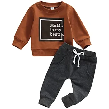 Одежда для маленьких мальчиков, Толстовка с круглым вырезом и буквенным принтом, Топ, Длинные брюки, Комплект Осенне-зимней одежды из 2 предметов