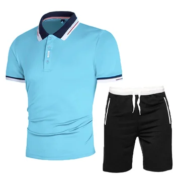 Летняя новая мужская лоскутная футболка с короткими рукавами + шорты, костюм из 2 предметов, тонкая рубашка поло с лацканами, мужские комплекты, эластичный пояс, Азиатский размер