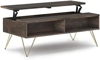 Журнальный столик из дерева манго и металла шириной 48 дюймов с прямоугольным промышленным подъемником из натурального дерева для гостиной и семейной комнаты