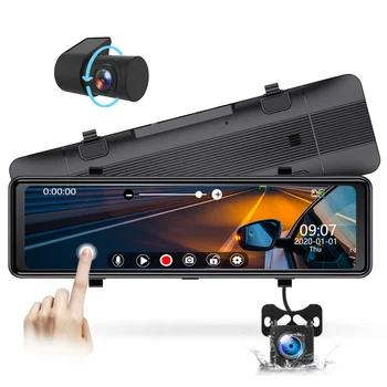 10-дюймовый сенсорный экран с двумя отдельными объективами, автомобильный Зеркальный Видеомагнитофон FHD 1080P Dash DVR Cam, Резервная камера Спереди и сзади, двойная