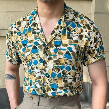 Высококачественная Ретро-рубашка с красочным Геометрическим принтом, Повседневная мужская рубашка с коротким рукавом, Уличная Одежда, Дышащая Camisa Fashion Masculina