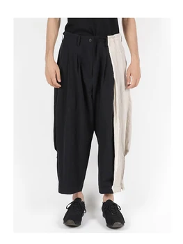 Льняные двухцветные брюки с эластичной резинкой на талии, брюки Yohji Yamamoto, мужские брюки, брюки yohji, повседневные брюки, широкие брюки, мужские брюки Owens