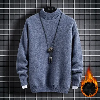 мужской осенне-зимний однотонный пуловер плюс бархатный теплый вязаный свитер, однотонная эластичная тонкая модная нижняя рубашка, свитера