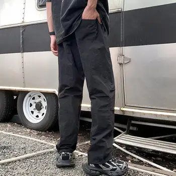 Однотонные брюки-карго, Универсальные мужские брюки-карго, быстросохнущая Уличная одежда с широкими штанинами и эластичным поясом на шнурке