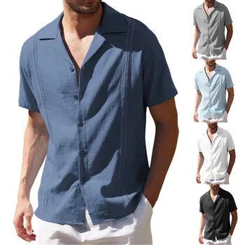 Новый Летний Хит продаж, Мужская льняная рубашка, однотонная Повседневная футболка с V-образным вырезом и пуговицами, Пляжная рубашка с коротким рукавом, Одежда для мужчин