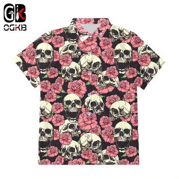 OGKB Европейский Размер, новые рубашки с 3D принтом черепа и пуговицами, мужские летние рубашки с розовыми цветами, короткий рукав, хип-хоп топ в стиле харадзюку, прямая поставка