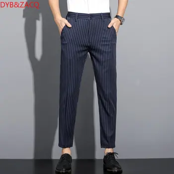 Простые мужские брюки в полоску, стрейчевые брюки длиной до девяти дюймов, Летние повседневные брюки, универсальные костюмные брюки для мужчин 28-38