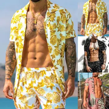 Мужской костюм, гавайская рубашка и шорты с коротким рукавом, летняя повседневная рубашка с цветочным рисунком, пляжный костюм-двойка 2021