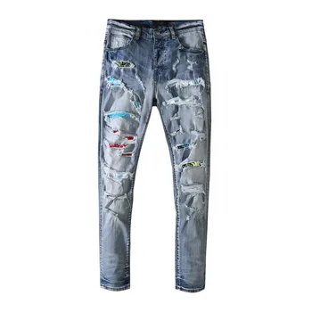 Мужские джинсы с прямым отверстием, разрушающий колодец, Решетчатая вышивка, Джинсовые брюки, Модный Дизайнерский бренд, Хлопчатобумажные брюки в стиле Ретро, Мужские
