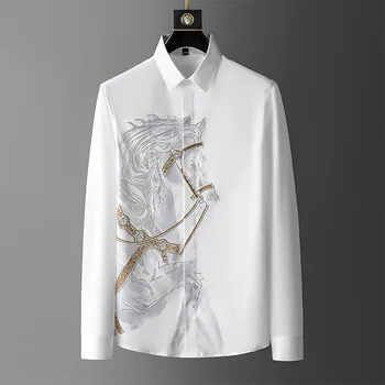 Брендовая роскошная мужская рубашка со стразами 2023, осенние повседневные рубашки с длинным рукавом, деловые вечерние рубашки, уличная одежда