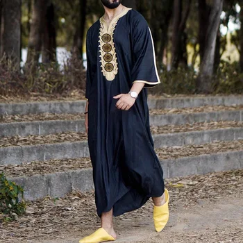 Мужская Длинная Рубашка в Национальном Стиле Для Отдыха, Молодежный Черный Мусульманский Халат De Moda Musulmana, Исламская Мужская Одежда 2022, Мода
