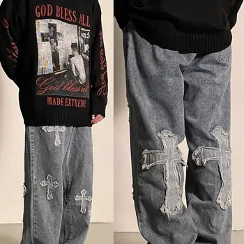 Мужские джинсы Y2K в европейском и американском стиле, уличная вышивка крестом, хип-хоп бренд tide, прямые свободные широкие брюки ins, лидер продаж