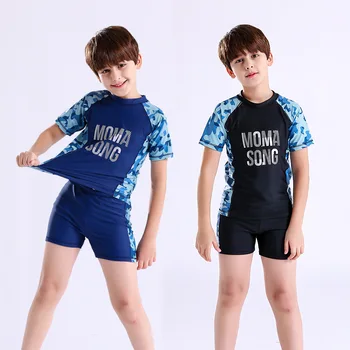 Купальник из двух частей для мальчиков, синий, черный, с буквенным принтом в стиле пэчворк, быстросохнущая пляжная одежда с коротким рукавом Для Детей, купальники для мальчиков