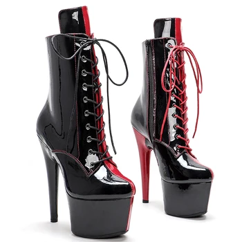 Leecabe/17 см/7 дюймов, лакированный верх из искусственной кожи, черный цвет с красным, модные вечерние ботинки для танцев на высоком каблуке у шеста