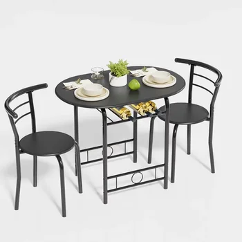 Vineego Обеденный набор из 3 предметов на 2 небольших кухонных стола для завтрака, компактные деревянные стулья и столовый набор, черный