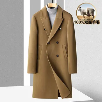Новое Поступление, Высококачественное 100% шерстяное пальто, Мужская Мода, Чистая Ручная Двухрядная Пуговица, Длинное Двустороннее Шерстяное Пальто, Размер M-3XL