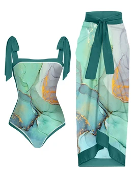 Винтажный модный женский Зелено-синий цветной блок с зернистым принтом, облегающий цельный купальник-бикини и пляжный длинный чехол