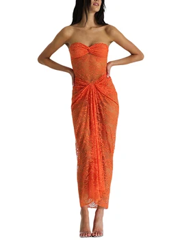 Женское Платье Миди без рукавов в стиле Бохо-Шик с цветочным кружевом и сеткой спереди и прозрачным чехлом