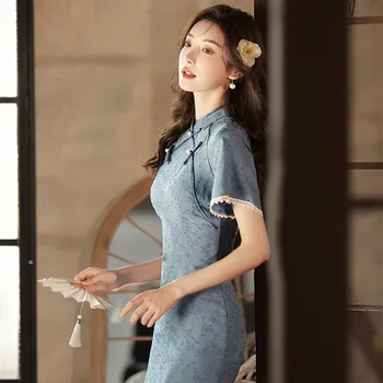 Улучшенное летнее синее платье Qipao 2023 для молодых девушек, Элегантное платье для вечернего представления в традиционном китайском стиле Чонсам для женщин