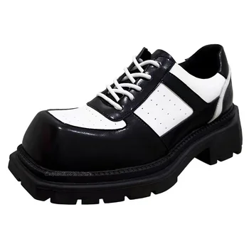 Черно-белые туфли-дерби с квадратным носком, завязанные крест-накрест, Модная мужская обувь, увеличивающая рост, Мужская повседневная обувь в новом британском стиле