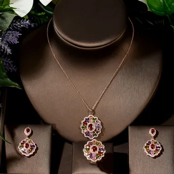 Модные высококачественные свадебные украшения для новобрачных, многоцветное ожерелье с цветами из кубического циркония, серьги, наборы для женщин Bijoux N-301