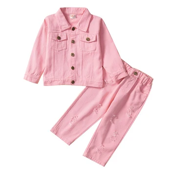 Весенне-осенняя одежда для маленьких девочек, Детская одежда, Модная повседневная джинсовая куртка с дырками + джинсы, бутик детской одежды, комплект BC2315