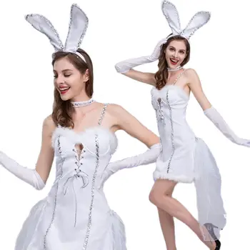 2023s Хэллоуин Белое Сексуальное Женское Белье Playboy Bunny Ролевая игра Для Девочек Джазовая Танцевальная вечеринка Комплект Платья на Подтяжках