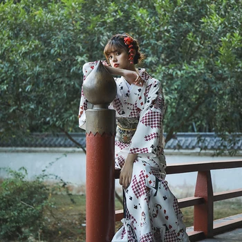 Женское традиционное кимоно в японском стиле, креативные принты в виде покера, Длинное платье, официальная одежда для косплея Юката, одежда для фотосъемки