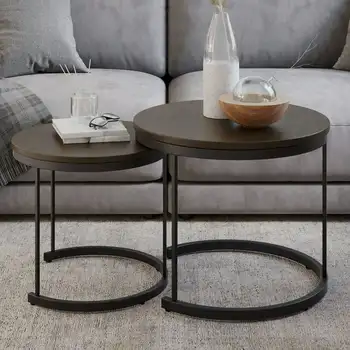 Журнальный столик, маленькие круглые столики, собранные вместе, коричневый, комплект из 2