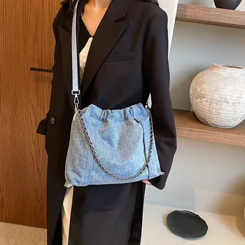 Модная сумка на цепочке через плечо для женщин, Дизайнерская джинсовая сумка через плечо 2023, Новая женская сумка-ведро, сумка-мессенджер большой емкости